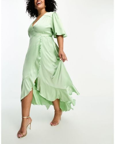 Flounce London Wrap Front Satin Midi Dress With Flutter Sleeves - Green