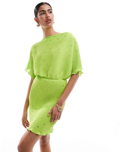 Never Fully Dressed Tilly - vestito corto plissé color lime con dettagli floccati oro - Verde