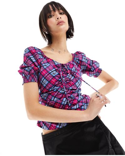 Glamorous Ruched Front Puff Sleeve Blouse - Purple
