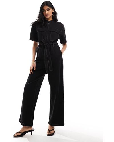 & Other Stories Wide Leg Stretch Jumpsuit With Tie Waist And Utility Pockets - Black