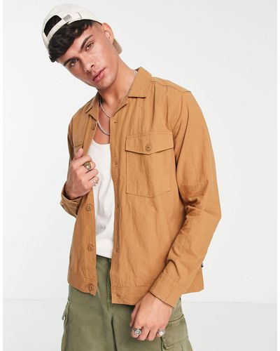 Only & Sons Linen Mix Overshirt With Chest Pockets - Brown