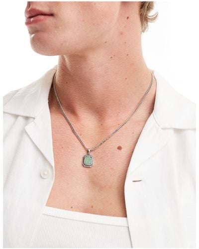 ASOS Necklace With Square Jade Semi-precious Stone Pendant - Metallic