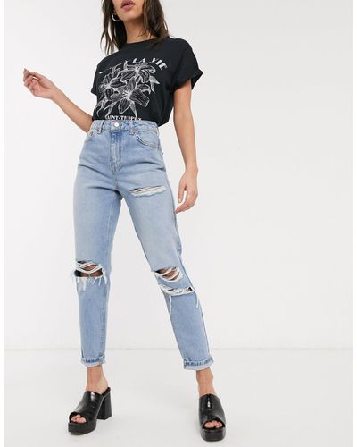 TOPSHOP Mom Jeans With Super Rips - Blue