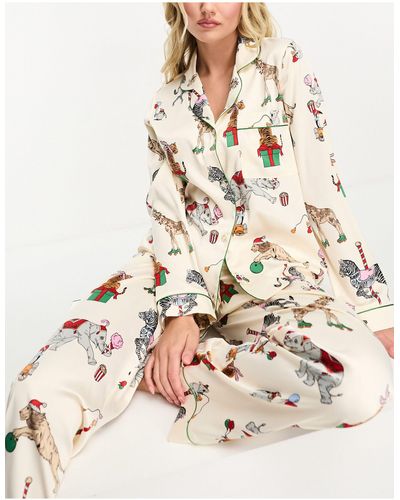 Chelsea Peers Christmas Satin Circus Print Long Sleeve Top And Trouser Pyjama Set - Natural