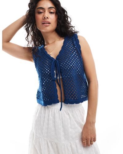 Pieces Crochet Tie Front Vest Top - Blue
