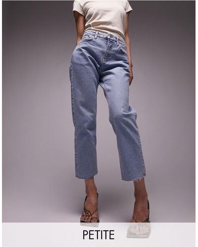 Topshop Unique Cropped Mid Rise With Raw Hems Straight Jean - Blue