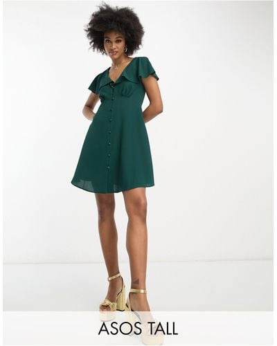 ASOS Asos Design Tall Flutter Sleeve Mini Tea Dress With Buttons - Green