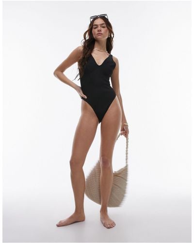 TOPSHOP Rib Plunge Swimsuit With Scoop Back - White