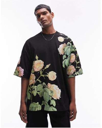 TOPMAN T-shirt premium super oversize nera con stampa a fiori - Nero