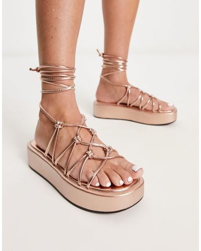 Truffle Collection Knotted Strappy Tie Leg Sandals - Natural
