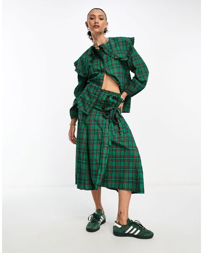 Damson Madder Kya Wrap Midi Kilt Skirt Co-ord - Green