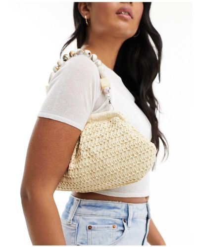 Glamorous Straw Clutch Bag With Resin Beaded Handle - White