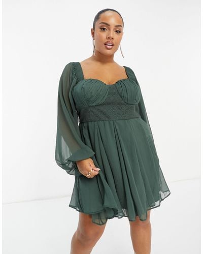 ASOS Asos Design Curve Mini Dress With Corset Lace Detail And Blouson Sleeves - Green