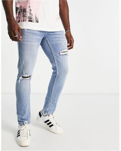 Pull&Bear Slim Jeans With Rips - Blue