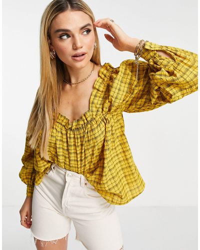 SELECTED Femme Blouse With Square Neck And Volume Sleeves - Yellow