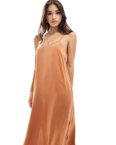 New Look Plain Satin Strappy Midi Dress - Brown