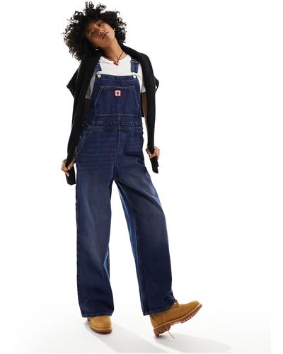 Monki Denim Dungarees With Strawberry Embriodery - Blue