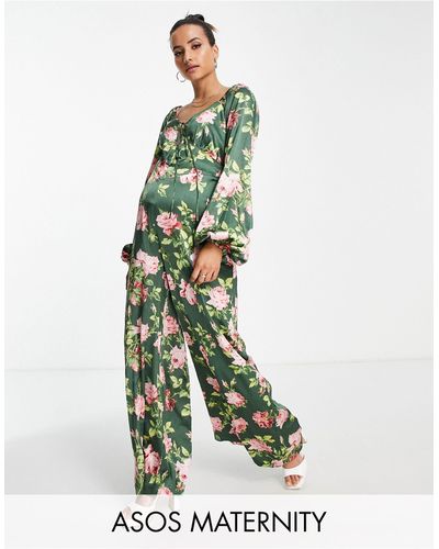 ASOS Maternity - tuta jumpsuit a fiori con maniche a sbuffo e cut-out sul retro - Verde