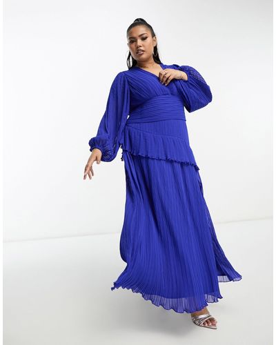 ASOS Asos Design Curve - Geplooide Midi-jurk Met Riem - Blauw