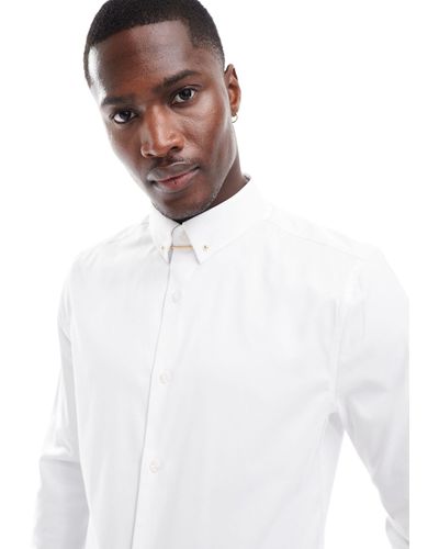 ASOS Long Sleeve Slim Shirt With Collar Bar Detail - White