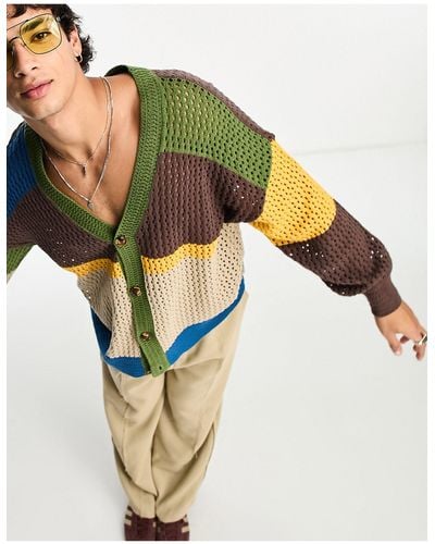 Reclaimed (vintage) – langärmlige strickjacke mit durchbrochenem muster im blockfarbendesign - Mehrfarbig