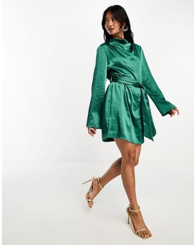 Pretty Lavish Jayda Satin Tie Waist Mini Dress - Green