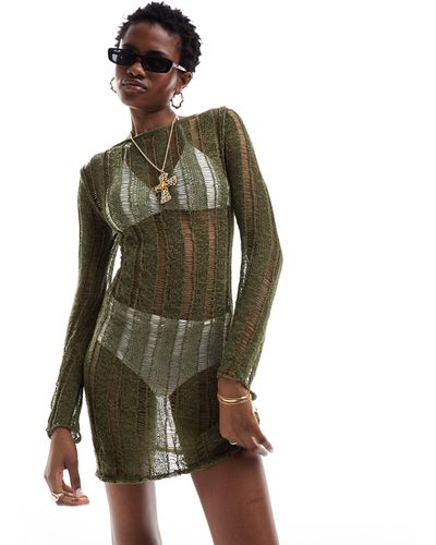 Collusion Distressed Knit Long Sleeve Mini Dress - Green