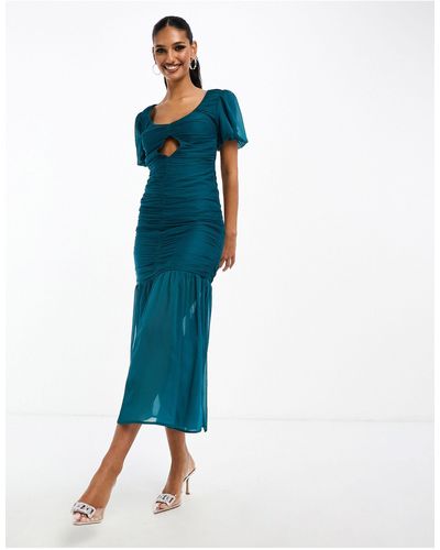 ASOS Sheer Chiffon Midi Dress With Ruching And Keyhole Detail - Blue