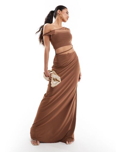 ASOS Off The Shoulder Waist Detail Maxi Dress - Brown