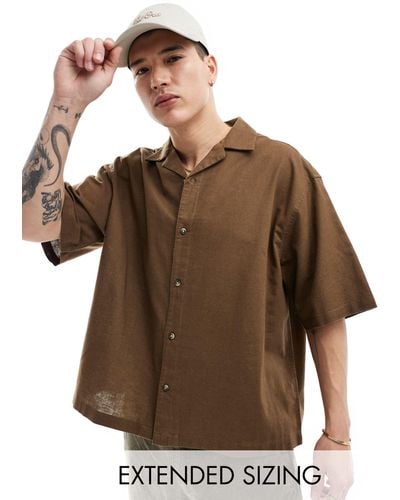 ASOS Boxy Oversized Linen Blend Shirt With Revere Collar - Brown