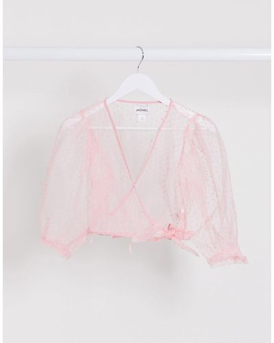 Monki Olivia Dotted Organza Puff Sleeve Wrap Blouse - Pink