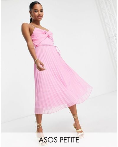 ASOS Asos Design Petite Twist Front Pleated Cami Midi Dress With Belt - Pink