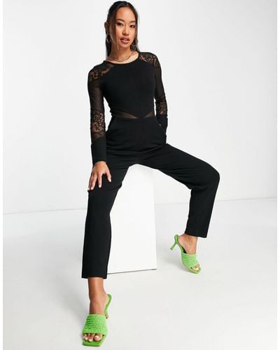 French Connection Bodycon Jumpsuit With Mesh Cut Outs - Black