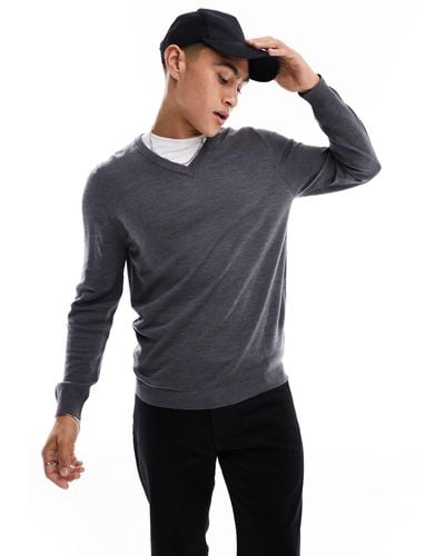 ASOS Knitted Merino Wool V- Neck Sweater - Gray