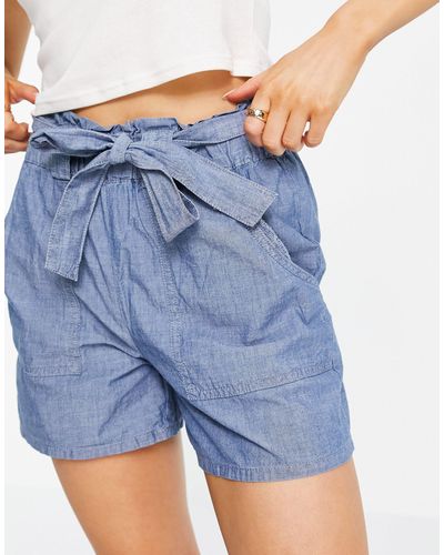 Vero Moda Cotton Blend Chambray Shorts With Tie Waist - Blue