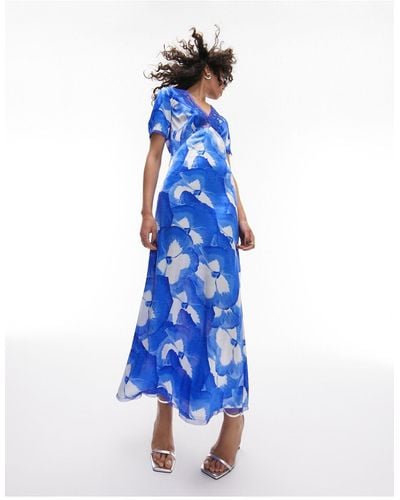 TOPSHOP Robe longue habillée à col en v avec appliques - imprimé - Bleu