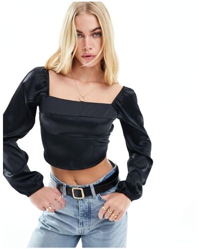 Hollister Satin Long Sleeve Top With Square Neckline - Blue