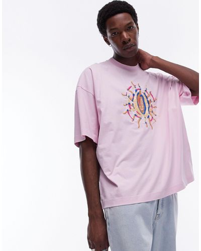TOPMAN Camiseta lavado extragrande con bordado - Rosa