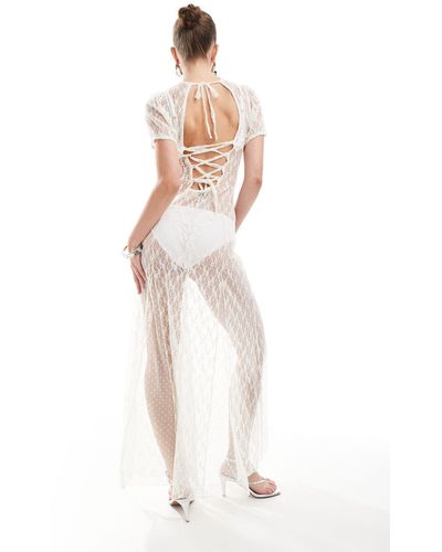 Miss Selfridge Sheer Lace Maxi Dress With Godets - White