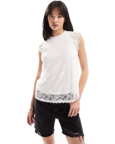 Pieces High Neck Sleeveless Lace Top - White