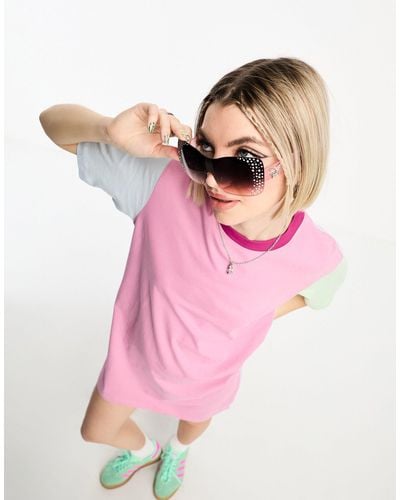 JJXX – t-shirt-kleid mit mehrfarbigem farbblock-design - Pink
