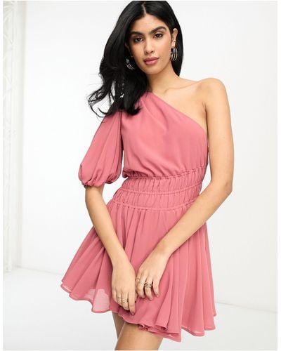 ASOS One Shoulder Puff Sleeve Ruched Mini Dress - Pink