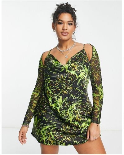 Collusion Plus Cowl Neck Neon Printed Satin Mini Slip Dress With Mesh Shrug - Green