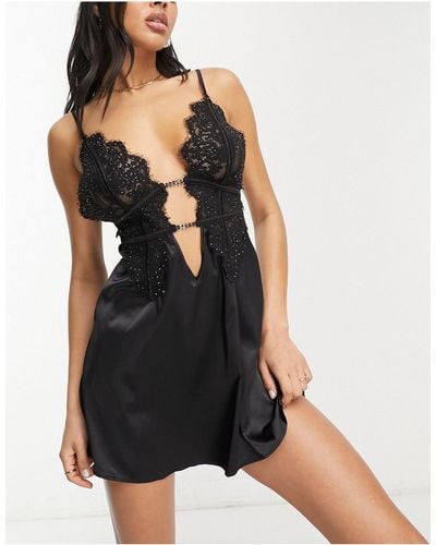 Ann Summers Starlet Lace Trim Satin Chemise With Hardware Detail - Black