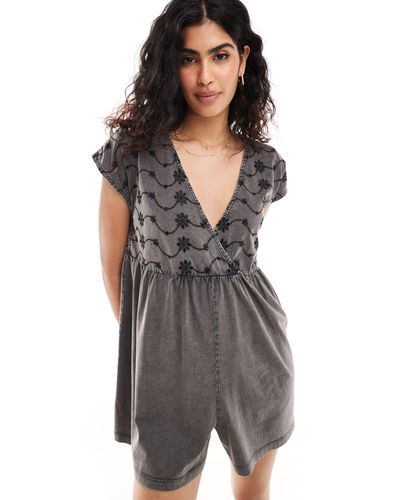 ASOS Wrap Front Playsuit With Black Embroidery - Gray
