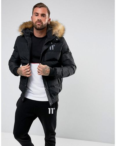 11 Degrees Puffer Jacket In Black With Faux Fur Hood
