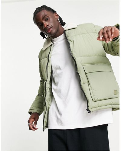 Pull&Bear Puffer Jacket With Teddy Collar - Green