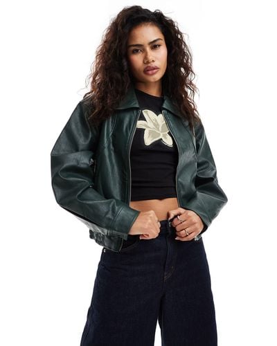 Moon River Short Leather Bomber Jacket With Collar - Blue