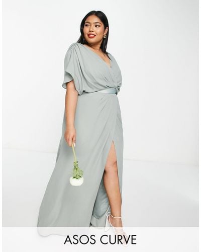 ASOS Asos Design Curve Bridesmaid Short Sleeved Cowl Front Maxi Dress With Button Back Detail - Green