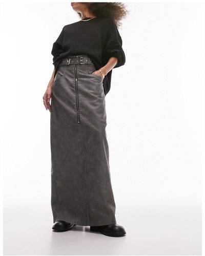 TOPSHOP Jupe longue à taille haute en imitation cuir - gris argent - Noir